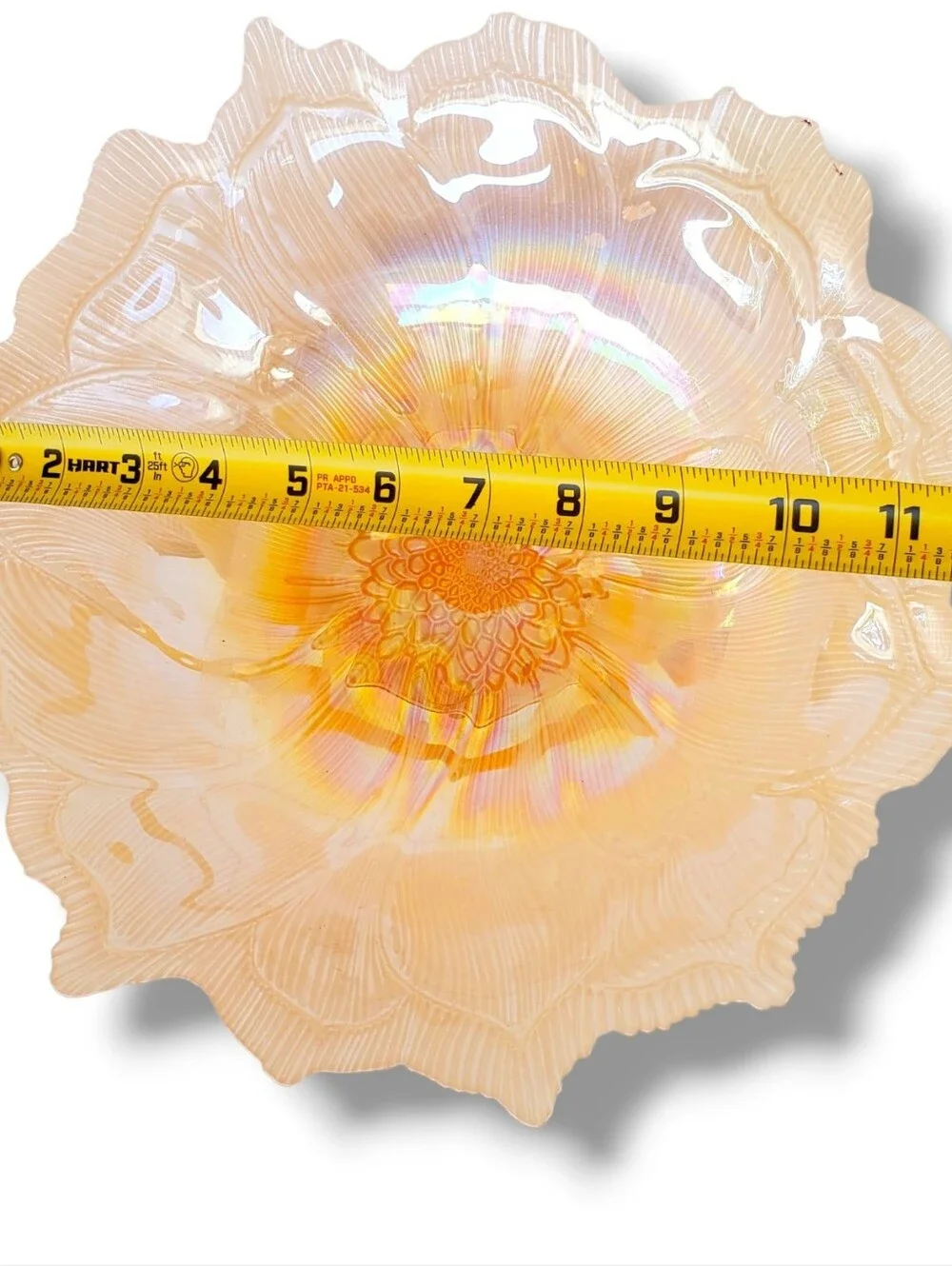 Vintage Iridescent Carnival Glass Bowl Marigold Ruffled Edge Floral 11”